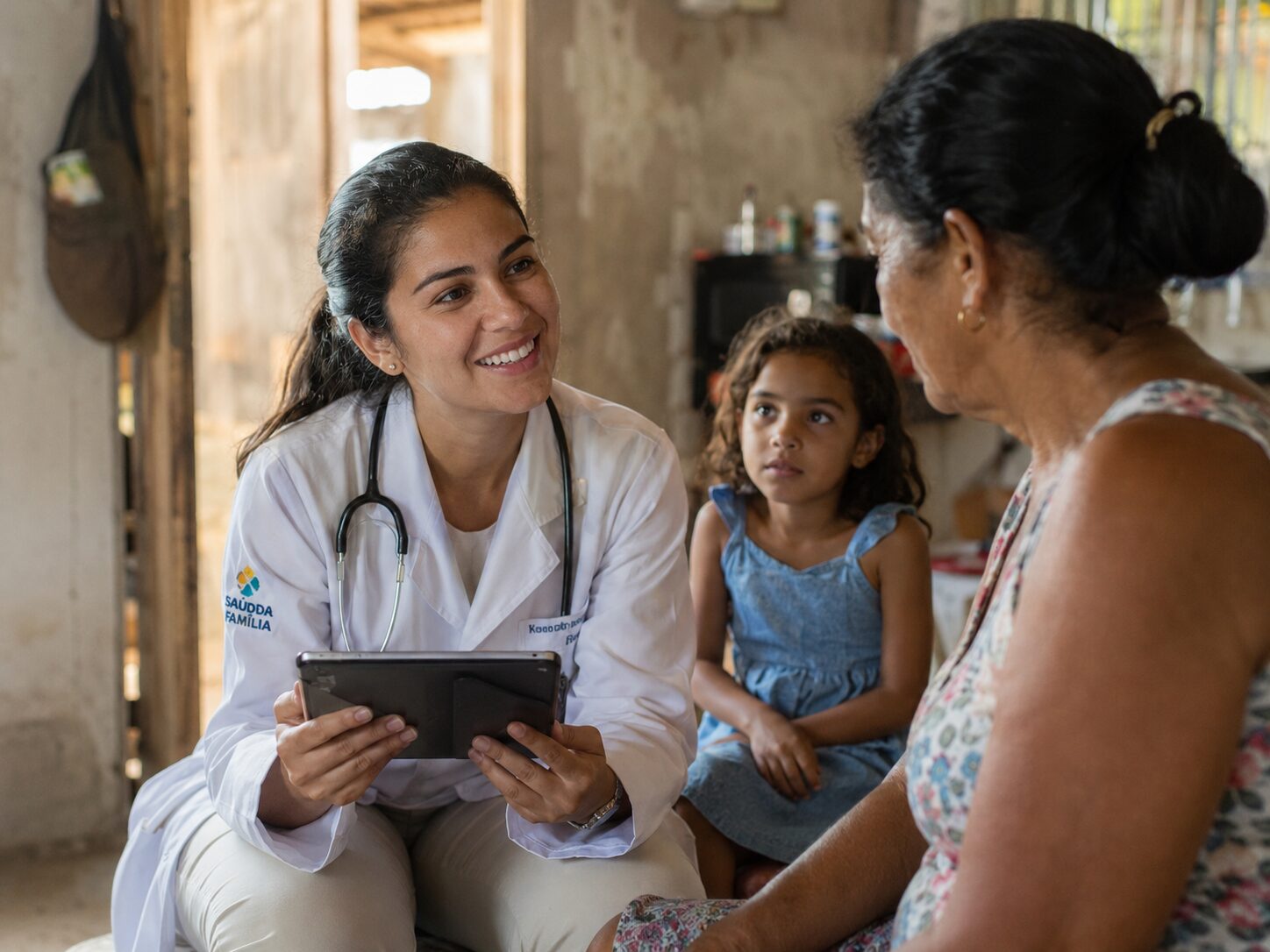 Médica atendendo com IA em comunidade Brasileira