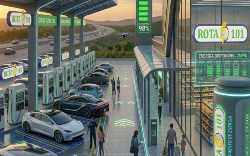 Projeção conceitual de unidade da rede Rota BR 101: estação de recarga rápida com carregadores DC, cobertura fotovoltaica e conveniência integrada ao longo do corredor da BR-101.