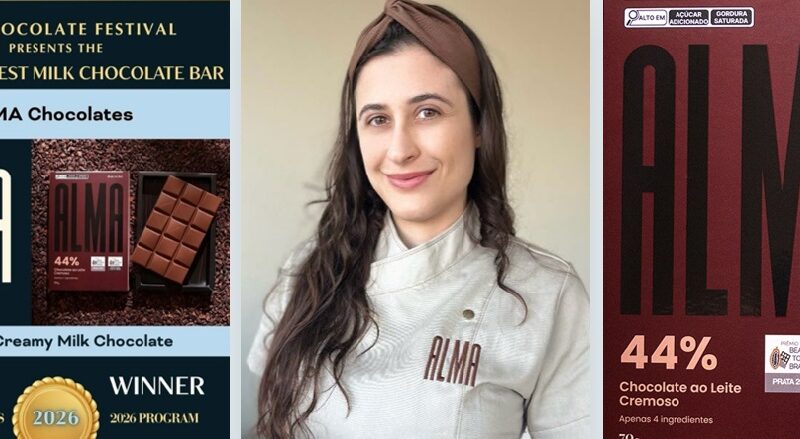 Francine Corrado, engenheira de alimentos e proprietária da ALMA Chocolates, celebra a medalha de prata na categoria chocolate ao leite do Chocolate Alliance Awards.